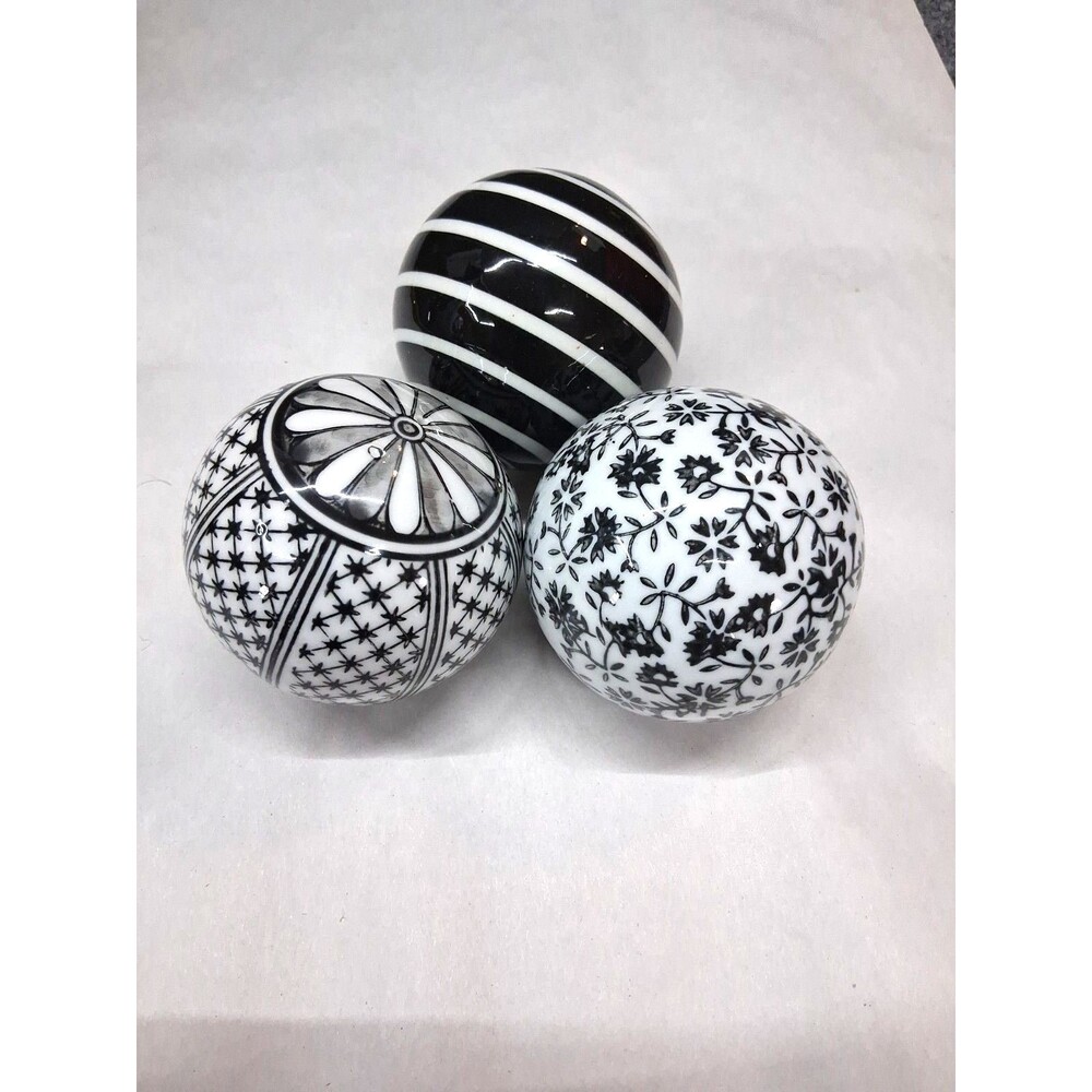 Set of 3 Black  and White Pier One Porcelain Floats Orbs Floral & Stripes 3"